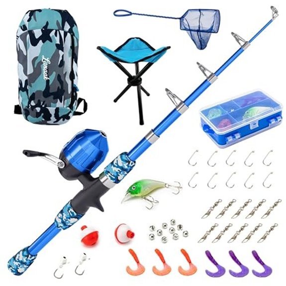 Lanaak Beginner Kids Fishing Pole & Tackle Box - Camo Blue Kids Fishing Rod