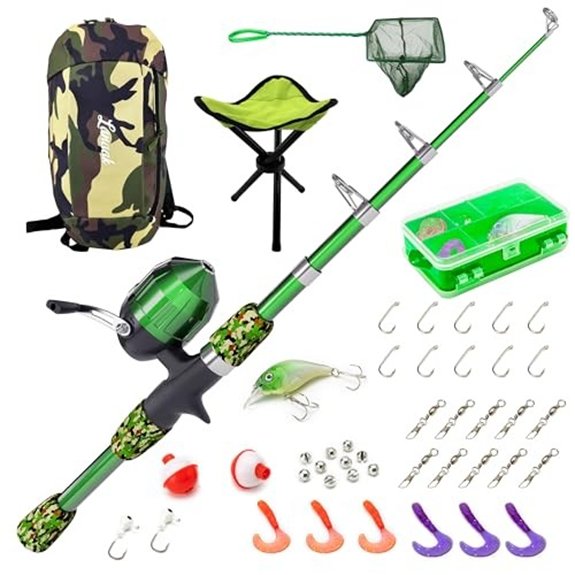 Lanaak Beginner Kids Fishing Pole & Tackle Box - Camo Green Fishing Rod