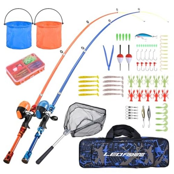 LEOFISHING Portable Kids Fishing Rod Set 2-Pack (Blue/Orange)